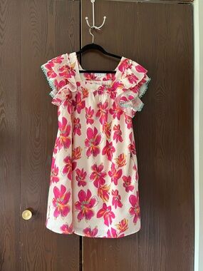 THMLcapped sleeved summer dress. Ivory with pink florals. Size Large